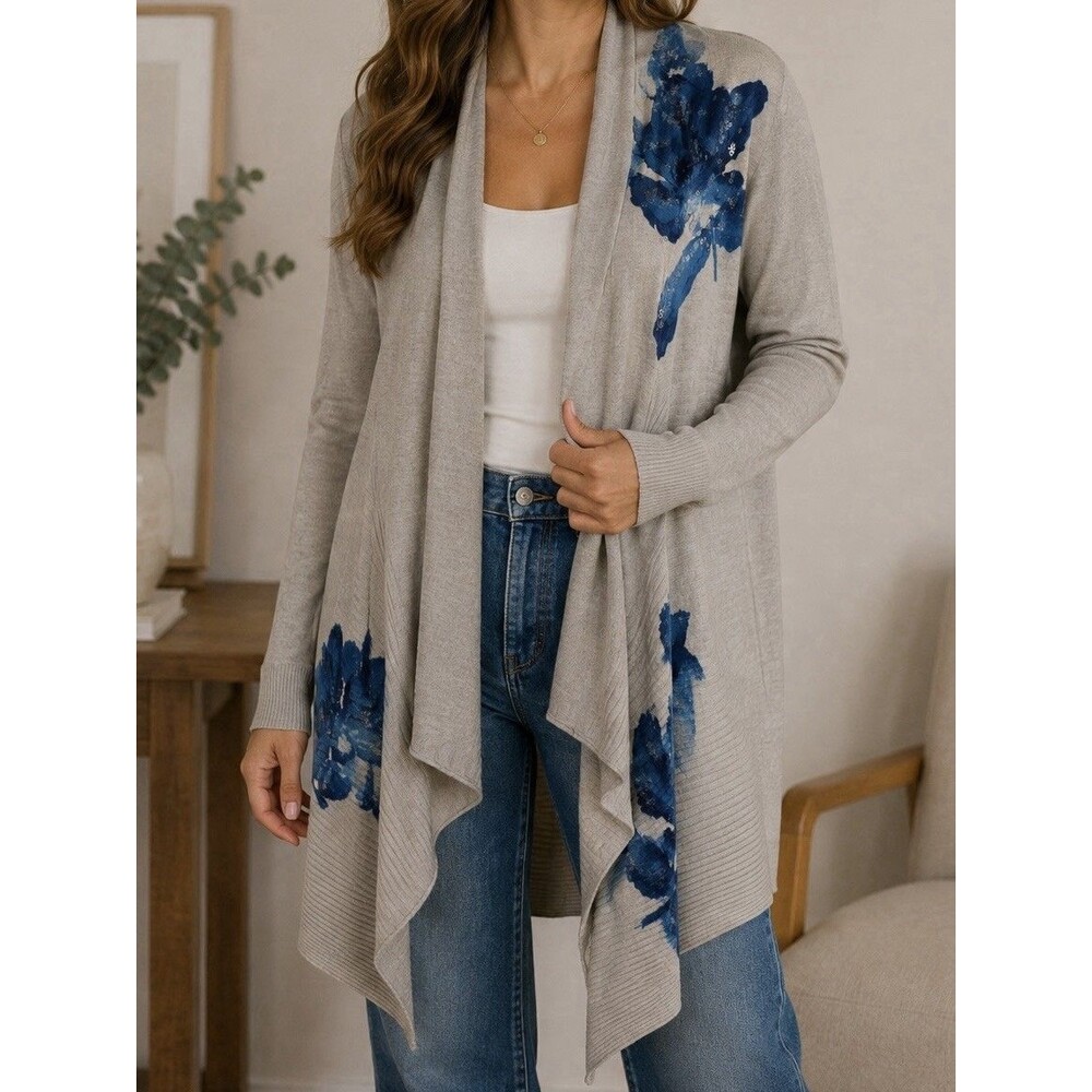 INC International Concepts Petite Cardigan M Gray Blue Floral Sequin Sweater